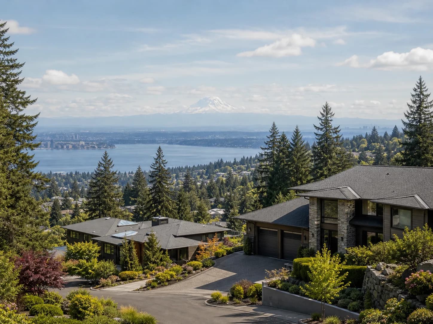 Somerset hillside homes with mature trees and Bellevue views