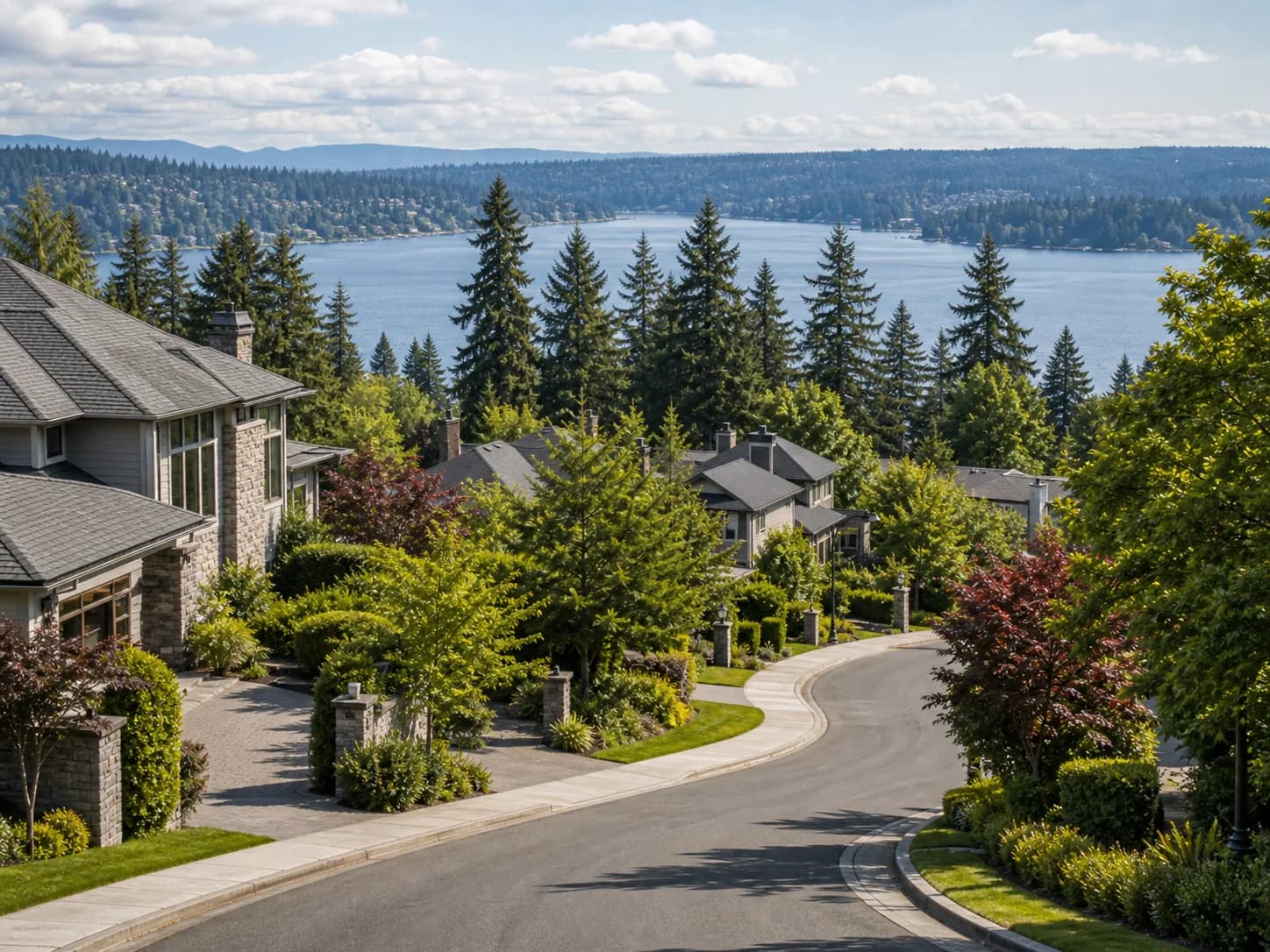 Sammamish plateau neighborhood with evergreens and Lake Sammamish lifestyle