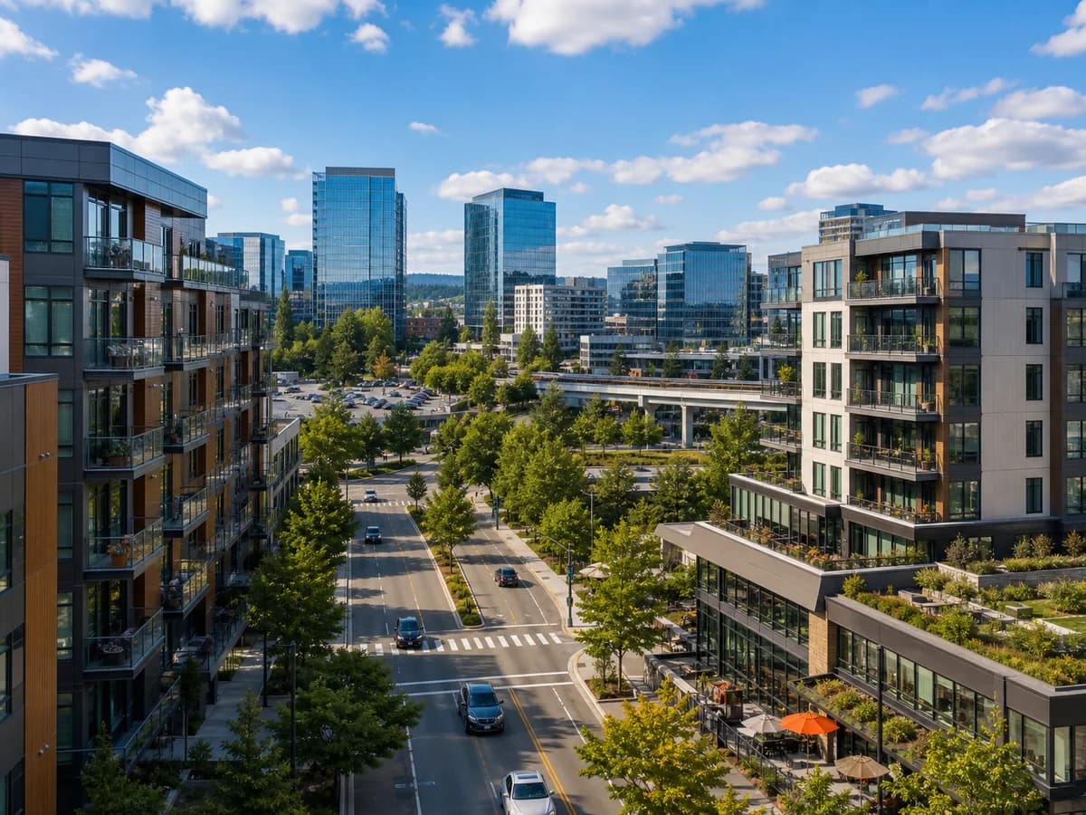 Overlake Redmond tech corridor with modern housing and urban Eastside streets